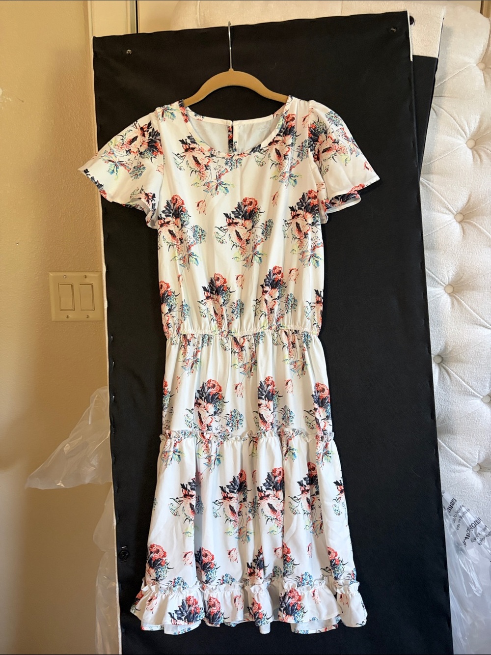 Floral Tiered Ruffle Dress in White with Coral & Navy Accents